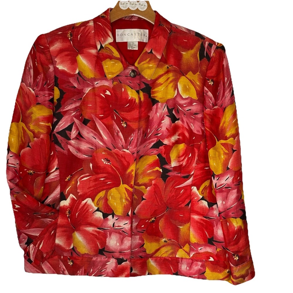 Vintage‎ Doncaster Jacket Blazer 14 Tropical Red Pink Floral Silk Linen Blend